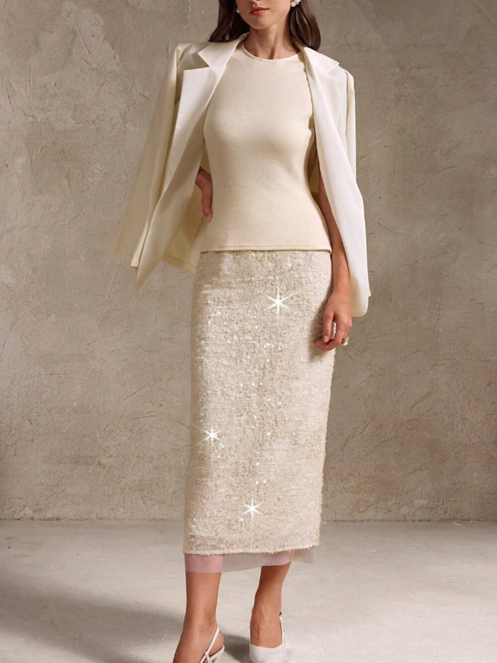 Apricot Casual Elegant Women's Jacquard Sequin 3D Rose Slit Pencil Skirt